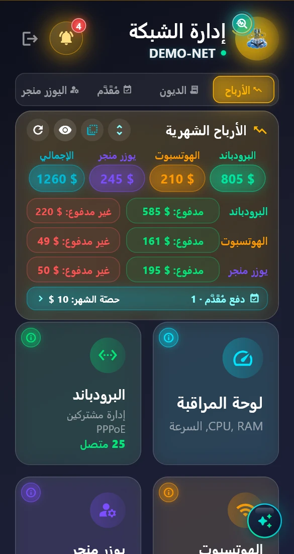 الشاشة الرئيسية: الأرباح الشهرية والأقسام